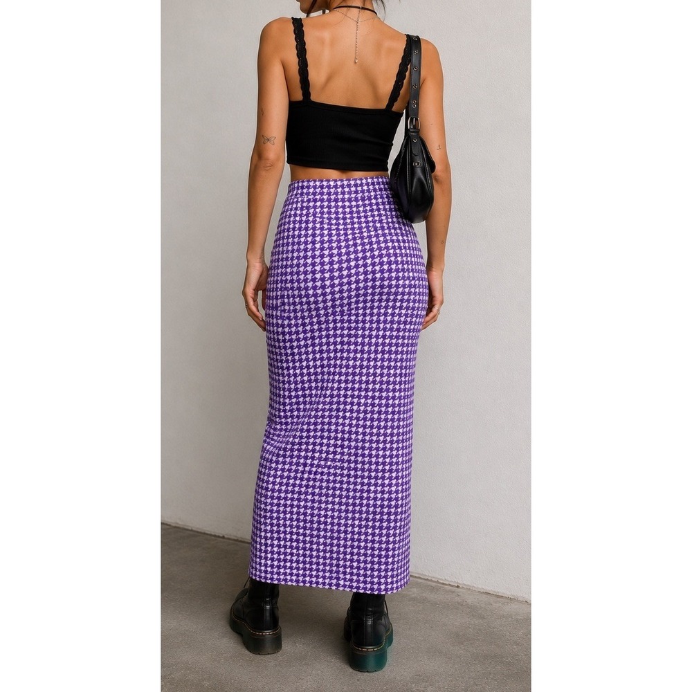 Vintage Belissima Purple White Houndstooth Maxi Pencil Skirt S Womens Retro Chic - Picture 2 of 7